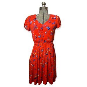 ModCloth Women's Red-Orange Butterfly Print Ruched Sleeve A-Line Dress Size M